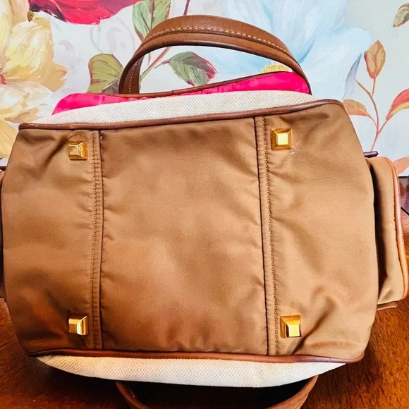 Prada Vintage Beige Mixed Material Multicolor Bag w/Leather Trim & Teal Interior - Picture 15 of 17